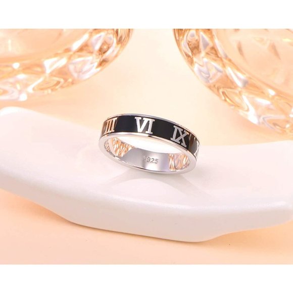 S925 Sterling Silver Vintage Black Roman Numeral Ring Wedding Band - Picture 7 of 7